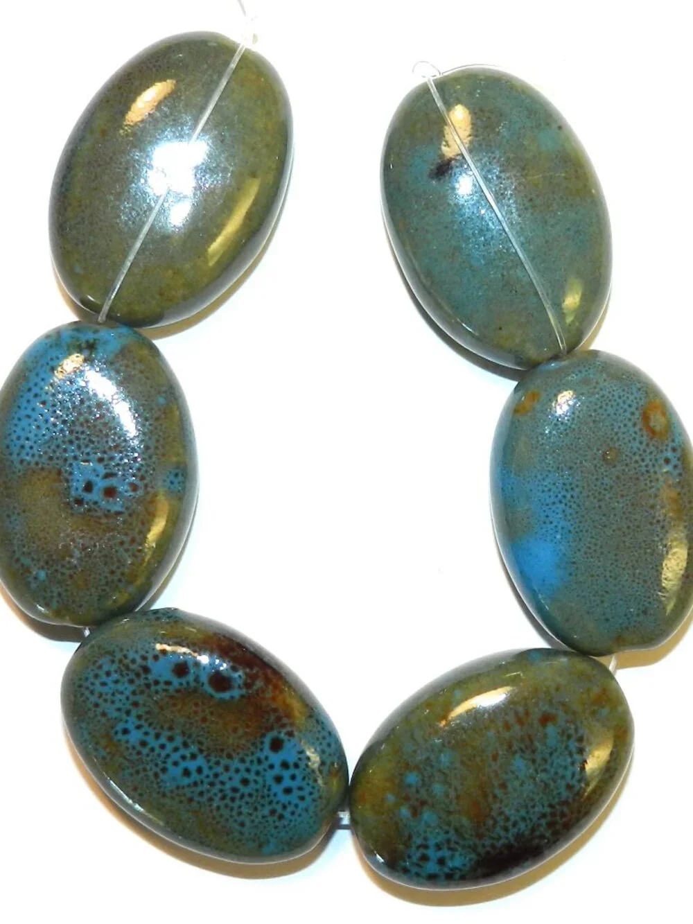 Dark Aqua Blue & Honey Brown 34mm Flat Puffed Oval Porcelain Beads 8